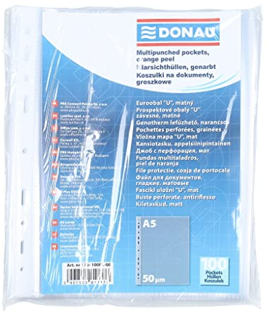 DONAU Prospekthüllen DIN A5 / 100 Stück/ Genarbt Oben Offen Klarsichthüllen Sicht-Hüllen Gelochte Plastikhülle für Dokumente Papiere / Transparent 50 Mikron (1er Pack)
