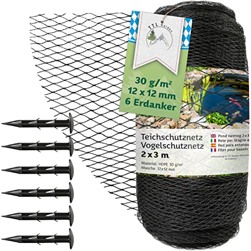 TTL Garden - Filet de protection contre les oiseaux - 2 x 3 m - Noir - 30 g/m² - 12 x 12 mm - Maille fine - En polyéthylène haute densité - Filet de piscine pour arbres fruitiers - Filet anti-oiseaux