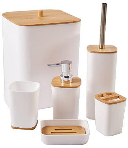 JETAINE 6 Pieces Bamboo Bathroom Accessories set, Luxury Modern Bathroom Accessory Bath Set, White Toilet Accessories w/Trash Can, Toothbrush Holder Cup, Soap Dish Holder, Soap Dispenser Gift