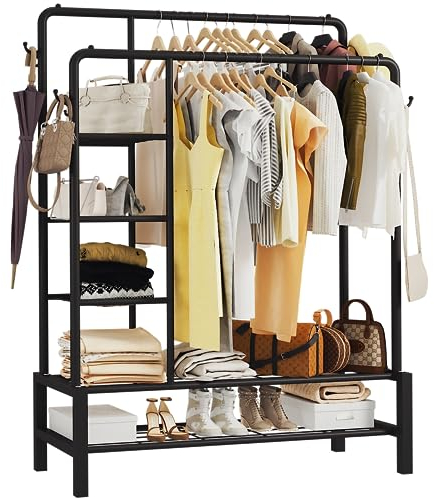 Klass Home Collection Heavy Duty Clothes Rail, 120KG Black Metal Rack With Double Hanging Clothing Rail, Shoe Rack, Storage Shelves & 4 Coat Hooks, Wardrobe Clothes Rails For Bedroom Office Shop