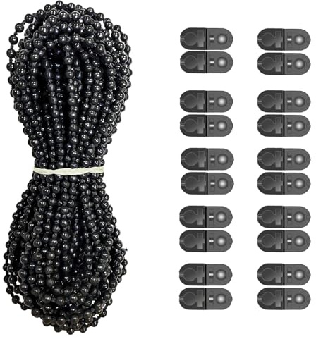 Antfly Plastic 10 Meters Blinds Beaded Chain Cord - Vertical Roman Roller Shade Blind Ball Chain Repair with 10 pcs Connector Clips Thickened Version (Black)