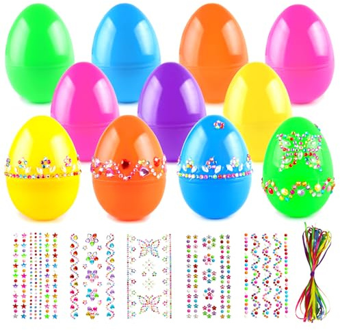ROSAUI 24x Ostereier zum Befüllen, 8,7 cm Eier aus buntem Kunststoff mit 5 Aufklebern, XXL-Plastikeier große Kunststoff-Ostereier für den Garten