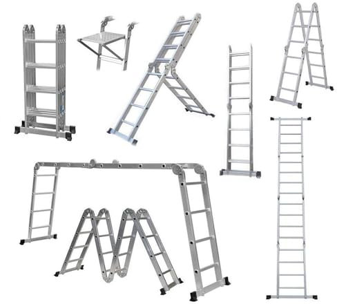 4.7 m Folding Ladder, Aluminium, Multifunctional Ladder with Platform, Non-Slip Multi-Purpose Ladder, Easy to Store, 150 kg Load Capacity, EN131