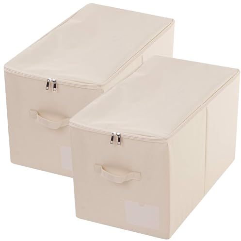 iwill CREATE PRO 56 (L) x 32 (B) x 33 cm (H), großer Schrank-Aufbewahrungskorb mit Deckel, Zusammenklappbarer Aufbewahrungswürfel/Organizer aus Stoff mit Griffen, Einfarbig Beige, 2 Stück