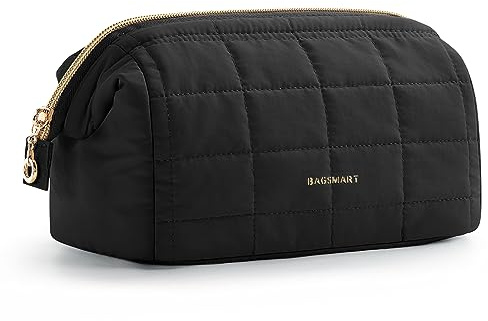 BAGSMART Makeup Bag Travel Cosmetic Bag, Puffy Padded Make Up Bags for Women Large Capacity Makeup Organizer Case, Wide-Open Pouch Purse Travel Essentials Toiletries Accessories Brushes, Black