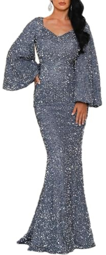shownicer Abendkleid Langer Damen Elegant Glänzend Pailletten Kleider Langarm V-Ausschnitt Maxi Kleid Schlitz Ballkleid Festlich Hochzeitsgäste A Silber S