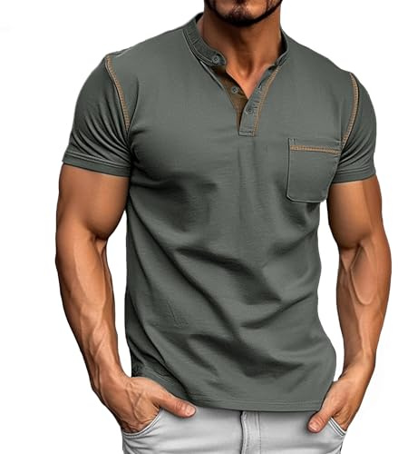 Donason Herren Shirt Sommer Kurzarm Knopf Henley T-Shirt mit Brusttasche und Grandad-Ausschnitt Kurzarmshirt Casual Basic Tops Tshirt für Männer