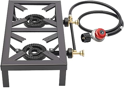 Outdoor Double Stove Gas Portable Double Burner Outdoor Gas Stove Propane Cooker with Adjustable 0-20Psi Regulator Hose for Patio Camping, BBQ, Home Brewing, Turkey Fry, Maple Syrup Prep