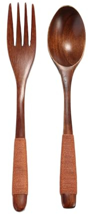 2 piezas de suministros de cocina de madera, kit de cena de arroz, sopas, vajilla, tenedor, cuchara, 5