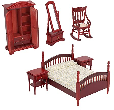 6-teiliges Miniatur-Schlafzimmermöbel-Set aus Holz, Naturgetreue Klassische Retro-Puppenhausmöbel für 1:12 Puppenhaus, Exquisite DIY-Landschaftsgestaltung mit Birkenholzmaterial