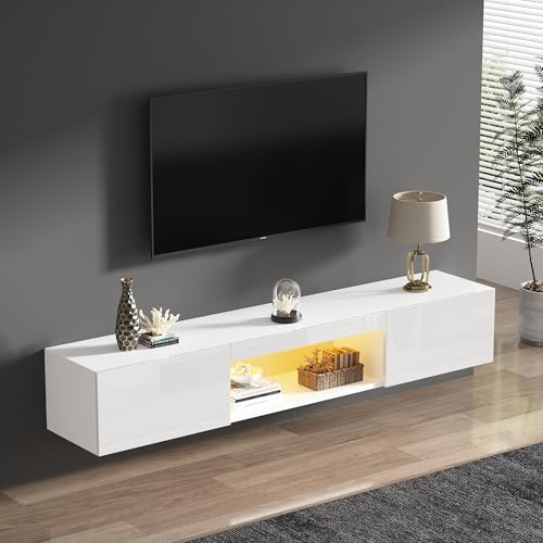 BTM Meuble TV Blanc et Bois avec LED, Meuble TV Suspendu avec 2 Cabinets et 1 Compartiment, Banc TV pour Salon, 160x31x22cm, Blanc