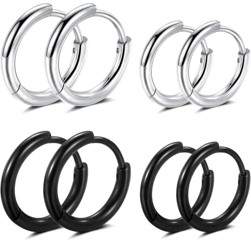 JEYORZY 4 Paires Acier Inoxydable Boucles d’Oreilles Anneau Homme Femme Boucles d Oreilles Créole,Boucles d'Oreilles Cercles Cartilage Anneaux,Boucle d Oreille Petite (8 mm, 14 mm, Noir,argent)