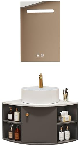 SXSYTR Lave Main d'angle, Meuble Salle De Bain d'angle avec Vasque Et Miroir, Meuble Lave Main WC Suspendu, Meuble Lave-Mains D’Angle, avec Robinet, Cabinet De Rangement