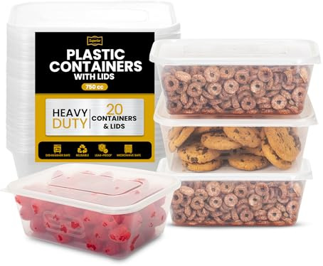 Superior Rectangular Takeaway Containers with Lids Set, 750ml Pack of 20 | Durable crack resistant food boxes | Microwave safe | Leak proof tubs perfect for meal prep, batch cooking and home storage