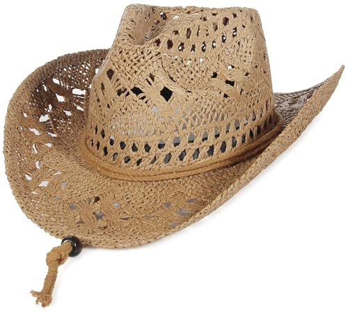 GEMVIE Straw Cowboy Cowgirl Hat for Men Women Summer Hollow Out Straw Cowboy Hats with Chin Strap Khaki 7-7 1/4