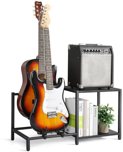 Bikoney Soporte para Guitarra de 2 Niveles con Estante para Amplificador – Soporte Ajustable para Varias Guitarras y Accesorios, Soporte para Guitarra para Estudio, Hogar o Escenario – Negro
