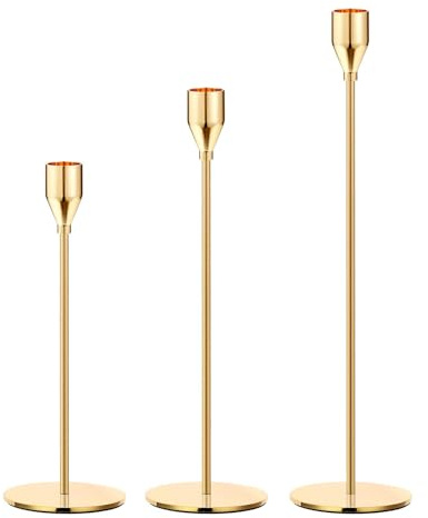 Gold Taper Candle Holder Metal Candle Holder, 3 Different Sizes for Wedding, Christmas, Fireplace Mantel, Dining Table (Gold)