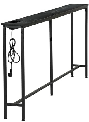 GOKHOMX Tavolo consolle stretto con stazione di ricarica, tavolo consolle da ingresso stretto da 180 cm, mobile dietro il divano per soggiorno, ingresso, corridoio, effetto marmo finto (nero, 180 x