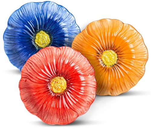 KeQiu 8-Inch Ceramic Dinner Plates, Set of 3 for Salad Dessert Appetizer Pasta | Decorative Plates for Home Decor, Jewelry Trays, Floral Design in Blue Pink Orange