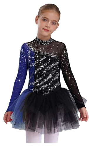 Choomomo Enfant Fille Robe Patinage Artistique Fille Strass Justaucorps Ballet Leotard Gymnastique Costume Danse Contemporaine Lyrique Tenue Spectacle 3-16 Ans Noir Bleu 5-6 ans