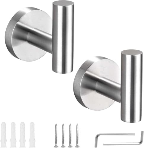 KissDate 2 Pack Towel Hooks, Wall Coat Hook Bathroom Matte Sliver Robe Hook SUS 304 Stainless Steel Heavy Duty Door Hanger Clothes Cabinet Closet Sponges Hook Shower Robe Hand Hooks for Bathroom