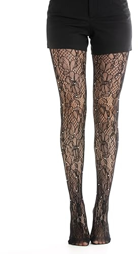 Strass Blommig Spets Strumpbyxor, Nätstrumpor Dam Mönstrad Elegant Vertikal Randig Design, Svart, SVART LYCKLIGT SPETS, S-M