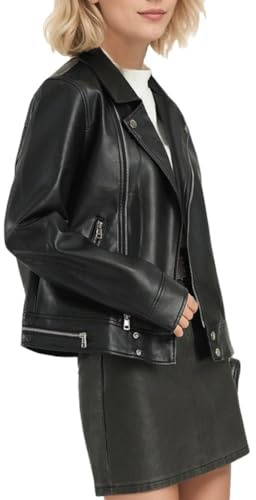 HotYou Chaqueta Efecto Piel Blazer Motociclista Abrigo Corta Cazadora Mujer Cuero Sintético Elegantes Manga Larga Cremallera,Negro,L