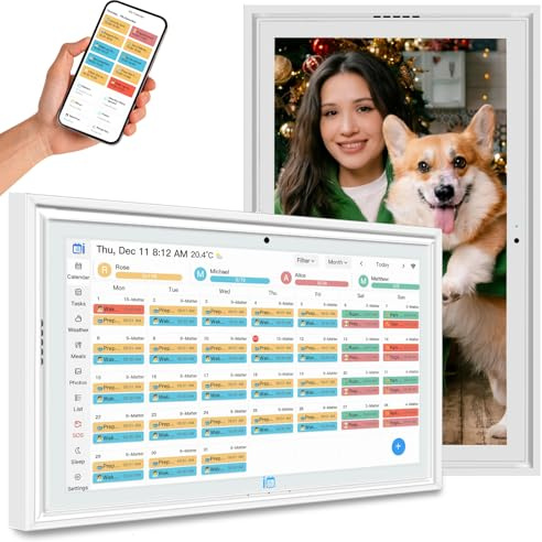 15.6Digital Calendar & Chore Chart,1080P Full HD WiFi Smart Touchscreen Interactive Display for Family Schedules and Meal Planning,AI Picture Frames Function Include Desk Stand & Wall Mountable,White
