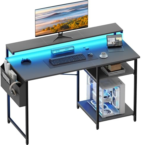 DLONGONE Gaming Desk with LED Lights and Adjustable Monitor Stand, 120x48cm | Computer Desk with Storage Shelves and Storage Bag, Ideal for Study, Bedroom and Living Room, Grey PC Table, Easy Assembly