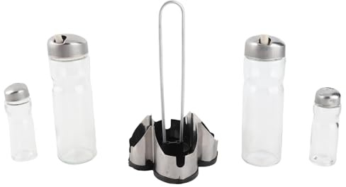 Seasoning Bottle Set Condiment Holder Seasoning Rack Four-in-One Oil Vinegar Dispensers Salt Pepper Shakers Glass Cruet Set with Convenient Stand Stainless Steel ,Suitable for bedrooms