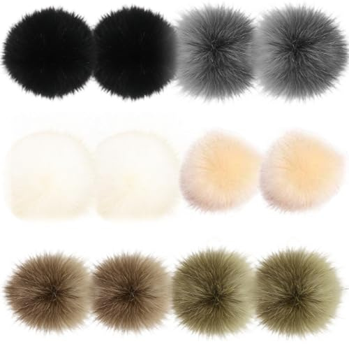 PARFCO 12 Stück Bommel für Mütze, Fellbommel für Mützen, Kunstfell Bommel mit Aufhängeschlaufe, 6 Farben Pompons Deko, für Taschen, Hüte, Accessoires