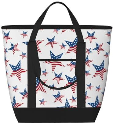Sac cabas isotherme à étoiles blanches et bleues avec drapeau américain – Grand format, imperméable et adapté au contact alimentaire, idéal pour faire les courses, déjeuner, pique-niquer et emporter