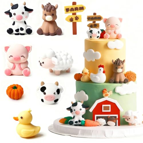 Farm Animal Cake Decoration,Farm Animal Cake Topper with Cow Horse Pig Sheep & Farmhouse Cupcake Topper,Farm Theme Cake Decorations for Birthday Party Decorations