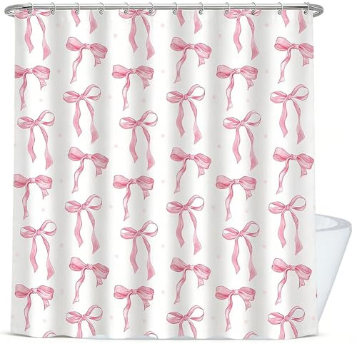 CYGMRFH Cortina de Ducha con Lazos Rosas – 180x180cm Tela Poliéster Impermeable con Banda Lastrada y 12 Ganchos, Antimoho, Lavable a Máquina, para Baño, Ducha, Bañera