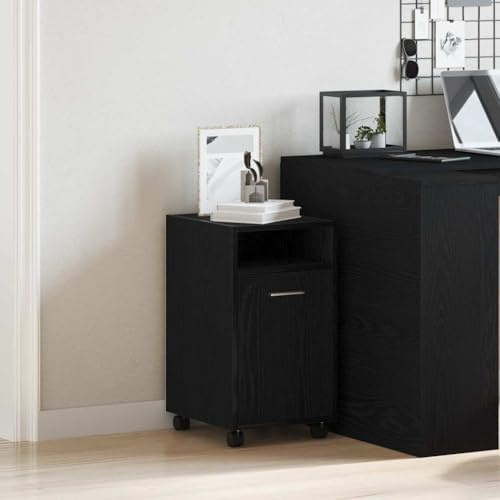 LoogCape Rullcontainer, svart, ekutseende av trämaterial, 33 x 38 x 60 cm, med 2 hyllor och 2 förvaringsfack, 4 rullar, förvaringsutrymme för kontor, vardagsrum och hemmakontor