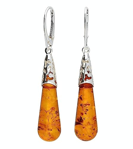Sterling Silver Bärnsten Örhängen - Ovanlig Tårdroppe Tjusig Hängande Smycken 070344A