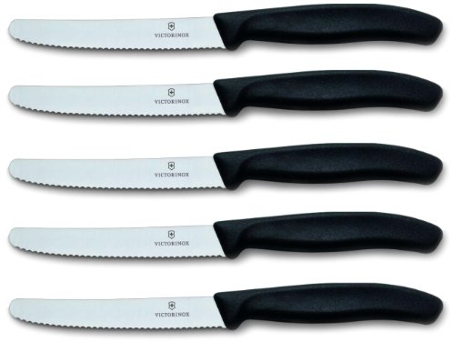 Victorinox | Tafelmesser Swiss Classic | 5 Stück | Schwarz | extra scharfer Wellenschliff | Swiss Made | ideal auch als Brötchenmesser oder Tomatenmesser
