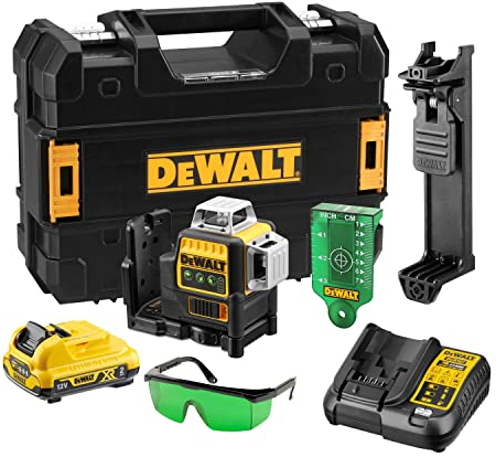 DEWALT Nivel Láser de Línea Cruzada Verde, 12V XR, 3x 360º con batería 2Ah, DCE089D1G-QW