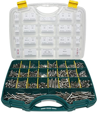 2460-teiliges Set M5 & M6 Edelstahl Zylinderschrauben mit Innensechskant (DIN 912), Sortimentskasten inkl. Scheiben (DIN 125/127 / 9021) und Muttern (DIN 315/934 / 985/1587), Material A2 / V2A