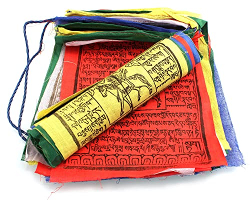 YAKEBA | Bandiera di preghiera tibetana - 5,00 metri | 20 bandiere (21x25cm ciascuna) | 100% cotone | Stampa tradizionale in legno | Catena a pennacchio in tessuto per esterni | Bandiera da giardino