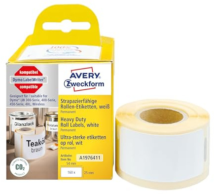 AVERY Zweckform A1976411 Dymo LabelWriter wetterfeste Etiketten kompatibel zu 1976411 (25x54mm, 1 Rolle|160 Kunststoff Aufkleber, selbstklebend, für LW Dymo Etikettendrucker, Beschriftungsgerät)