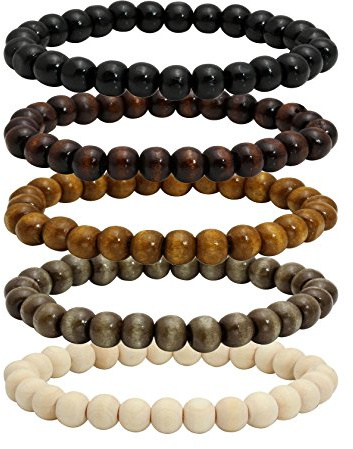 MILAKOO 5 Pcs Wooden Beaded Bracelet Bangle for Men and Women Elastic 8MM Beads