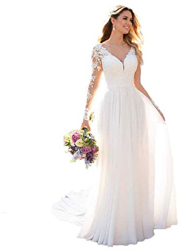 Robe de mariée pour femme - Col en V - Manches longues - Dentelle - Mousseline de soie - Style bohème - Robe de mariée - Mairie - Blanc - EUR 36