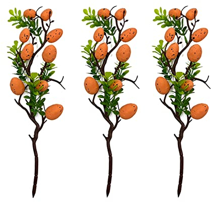 YQYAZL 3 st påskdekoration äggträdgren, konstgjord påskgren med färgglada ägg och gröna blad för hem påskvas bordsdekoration gåvor/orange