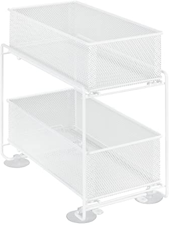 WENKO Schubladenregal Gioma, hochwertiger Organizer mit 2 Etagen und Korb-Auszug für Küchenschrank oder Arbeitsplatte, Küchenregal aus pulverbeschichtetem Metall, 35 x 33 x 18 cm, Weiß, 69769800