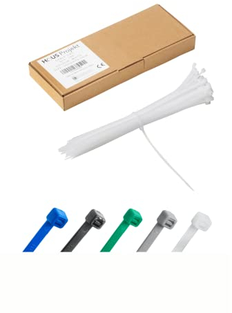Haus Projekt Pack de 100 Bridas de Plástico Blanco Premium Fuertes Industrial, 200mm x 2.5mm, Bridas de Plástico para Cables Multifunción para Uso Interior y Exterior, Gestión de Cables, Cableado