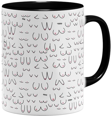 OM3® witzige Boobies Doodle Kaffeetasse mit Brüsten - Titten Tasse Brüste-Muster II - Keramik Becher - 11oz 325ml - Rundumdruck - Schwarz