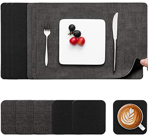 Myir JUN Tischsets abwaschbar Leder und Untersetzer doppelseitige Platzsets | Platzdeckchen abwaschbar 6er Set rutschfest Tischsets Platzsets abwaschbar Kunstleder (Grau Schwarz, 6er Set)
