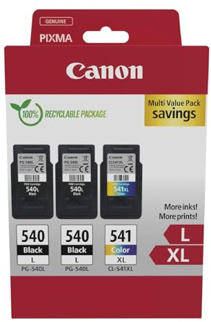Canon PG-540 L CL-541 XL Pack de 3 Cartouches Capacité XL (2 x Noir capacité L, 1 x Couleur capacité XL) certifié (Emballage Carton)