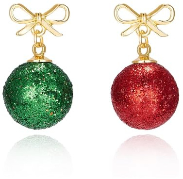 IMINI Weihnachtskugel-Ohrhänger - Rote & grüne Glitzer-Christbaumkugeln mit Schleife, hypoallergener Weihnachtsschmuck Geschenk für Frauen & Mädchen